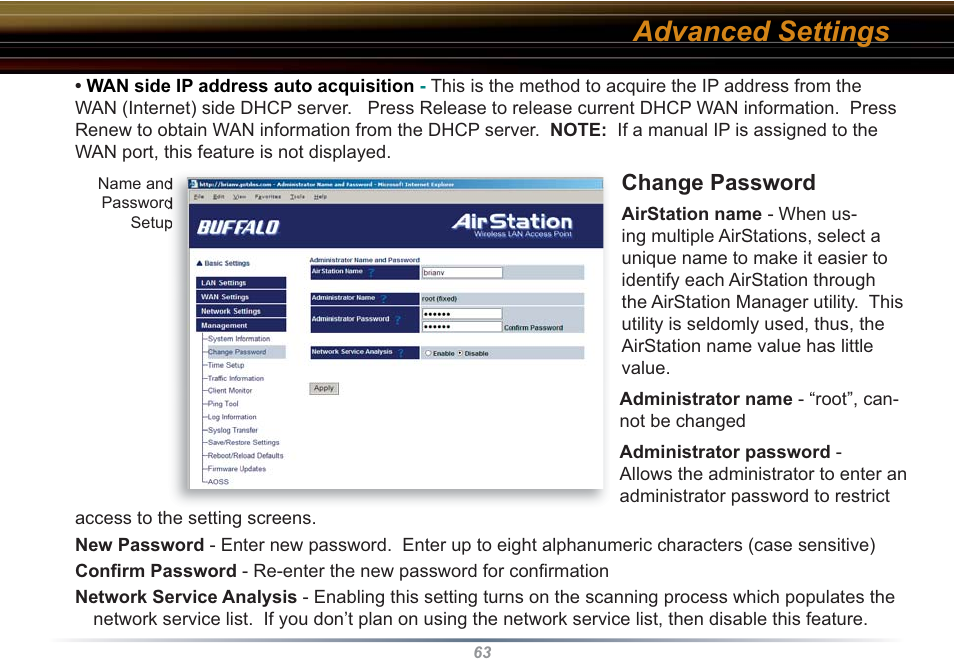 Advanced settings, Change password | Buffalo Technology WZR-RS-G54 User Manual | Page 63 / 107