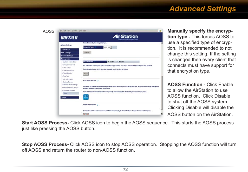 Advanced settings | Buffalo Technology WZR-RS-G54 User Manual | Page 74 / 107