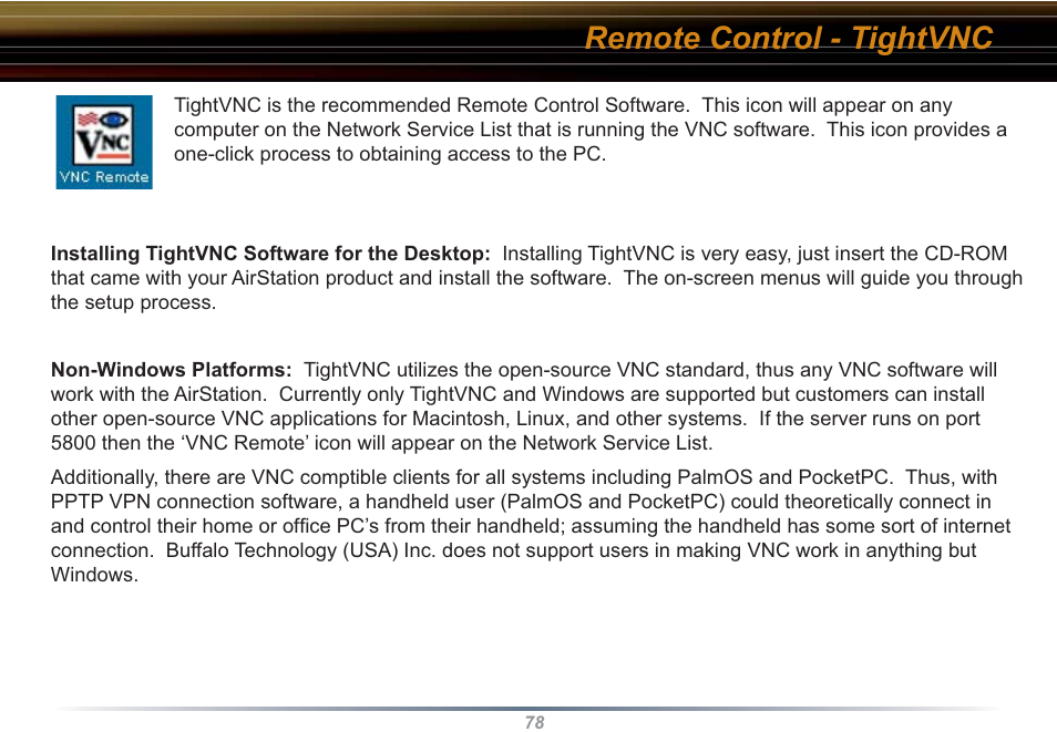 Remote control - tightvnc | Buffalo Technology WZR-RS-G54 User Manual | Page 78 / 107