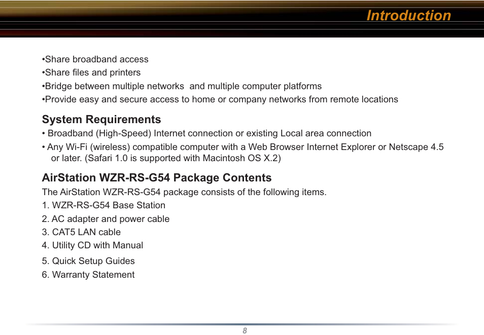 Introduction | Buffalo Technology WZR-RS-G54 User Manual | Page 8 / 107