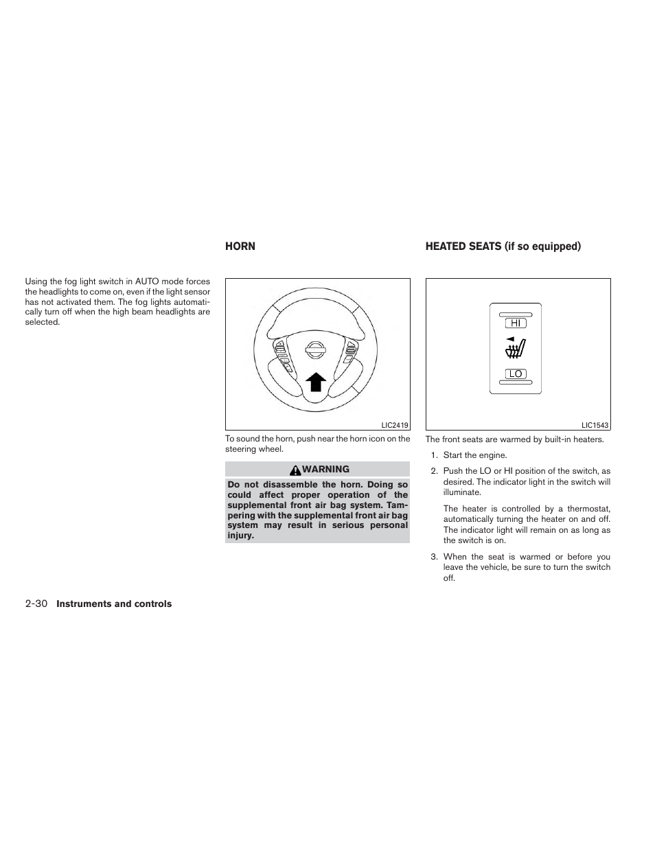 Horn -30 heated seats (if so equipped) -30 | NISSAN 2014 Sentra - Owner's Manual User Manual | Page 103 / 388