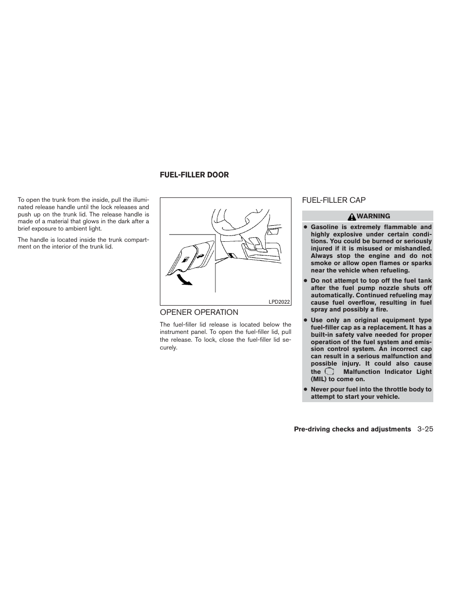 Fuel-filler door -25, Opener operation -25 fuel-filler cap -25 | NISSAN 2014 Sentra - Owner's Manual User Manual | Page 144 / 388