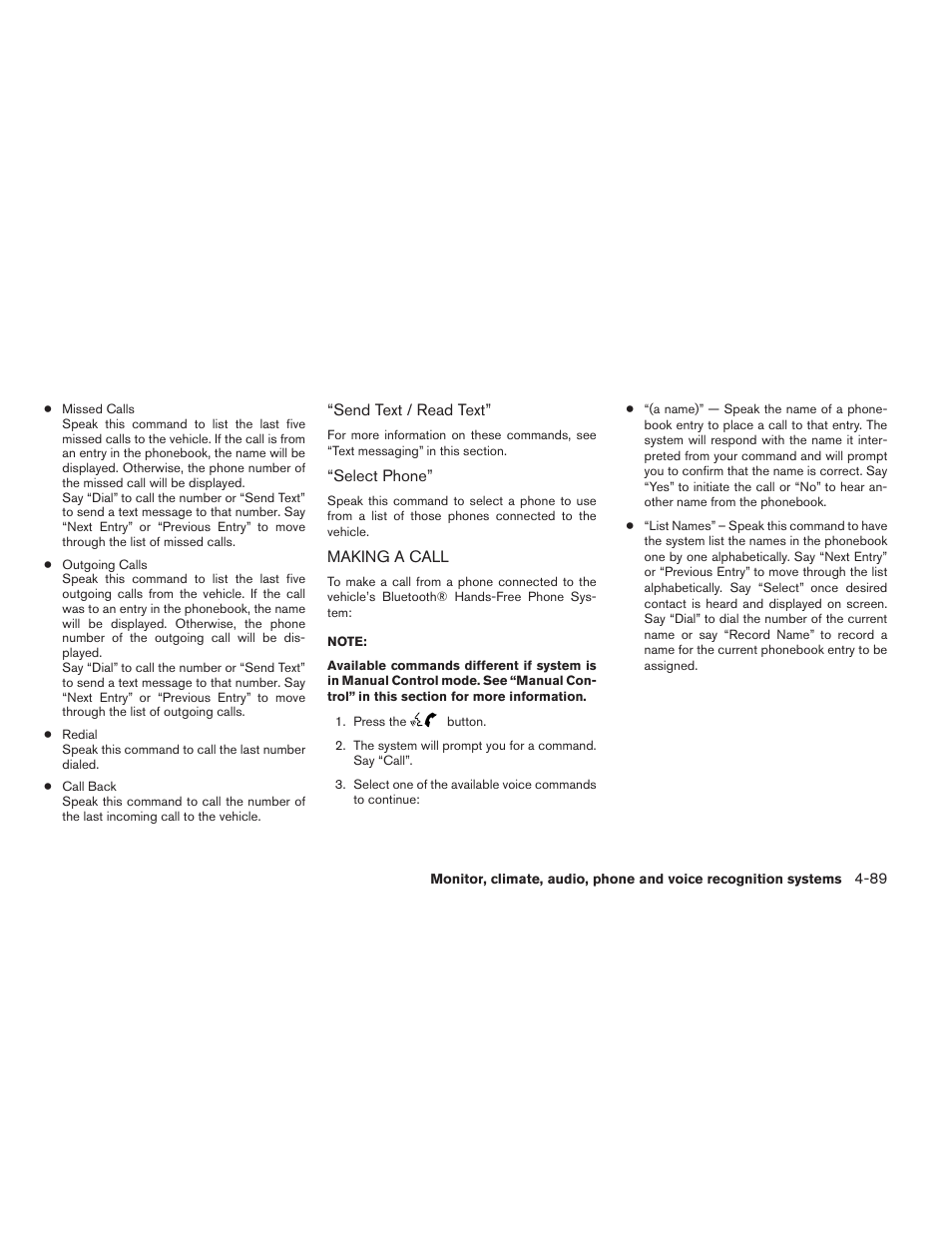 Making a call -89 | NISSAN 2014 Sentra - Owner's Manual User Manual | Page 240 / 388