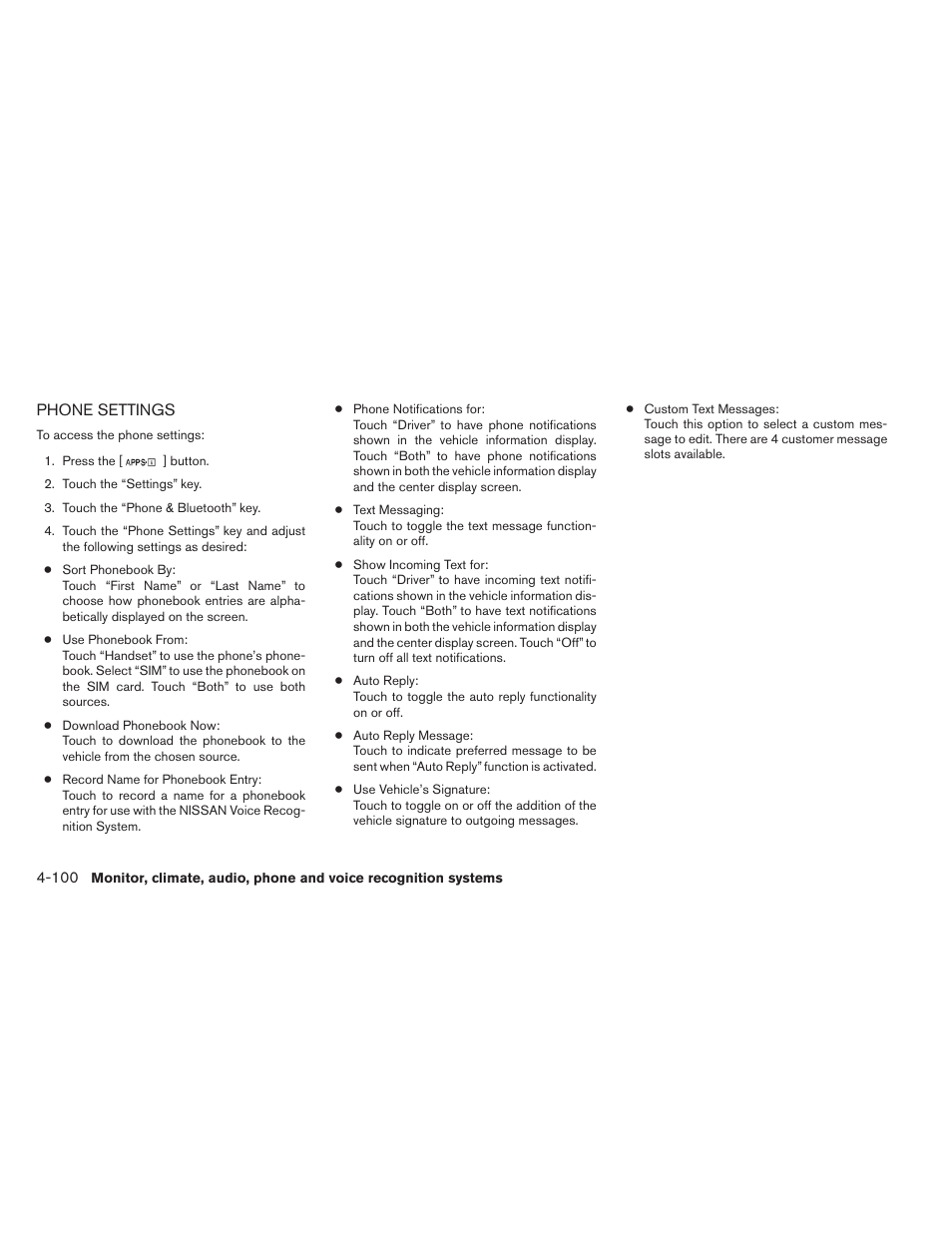 Phone settings -100 | NISSAN 2014 Sentra - Owner's Manual User Manual | Page 251 / 388