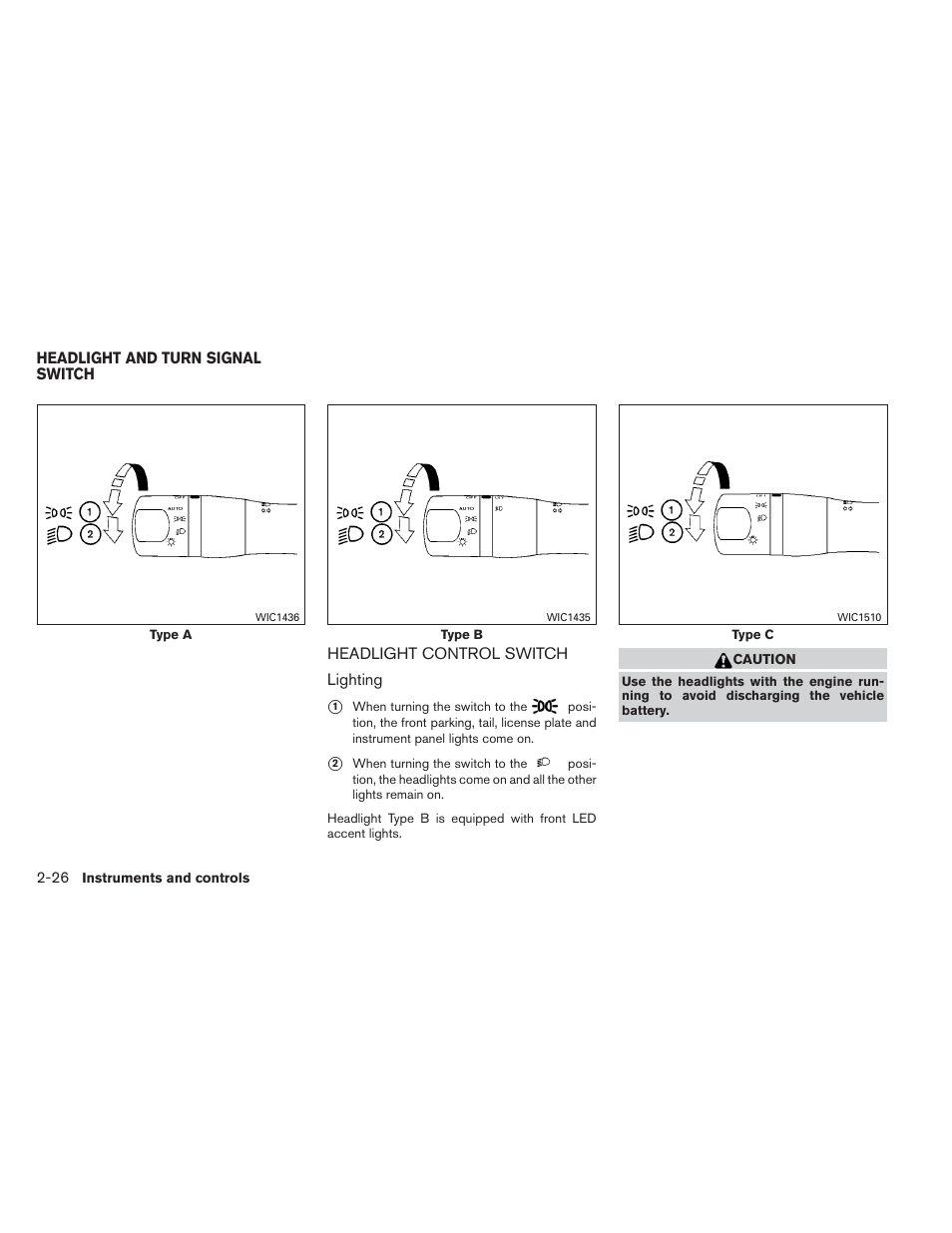 Headlight and turn signal switch -26, Headlight control switch -26 | NISSAN 2014 Sentra - Owner's Manual User Manual | Page 99 / 388