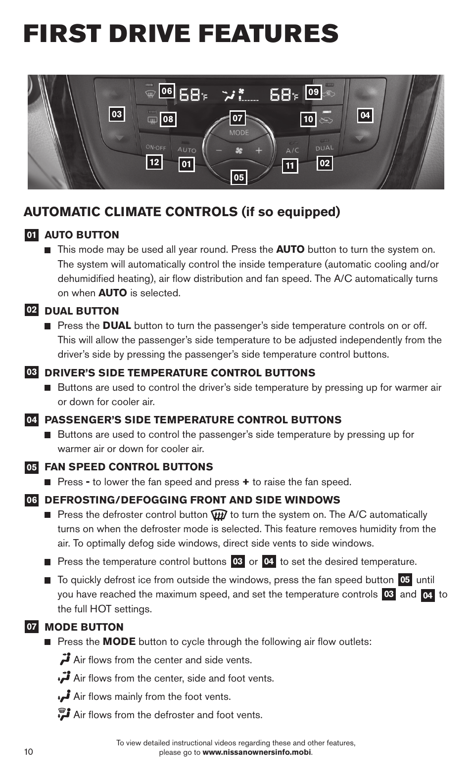 First drive features, Automatic climate controls (if so equipped) | NISSAN 2014 Sentra - Quick Reference Guide User Manual | Page 12 / 24