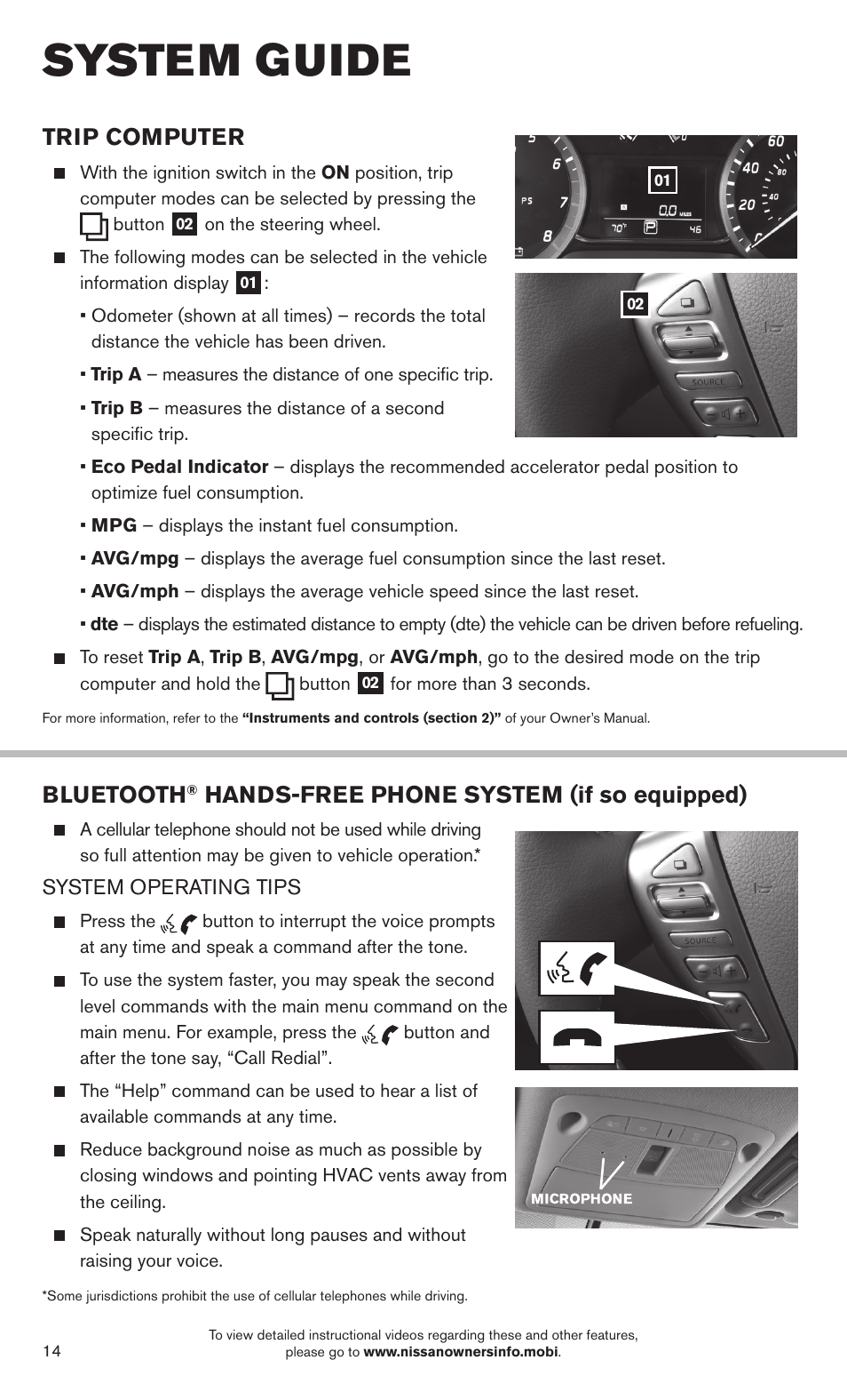 System guide, Bluetooth, Hands-free phone system (if so equipped) | Trip computer | NISSAN 2014 Sentra - Quick Reference Guide User Manual | Page 16 / 24