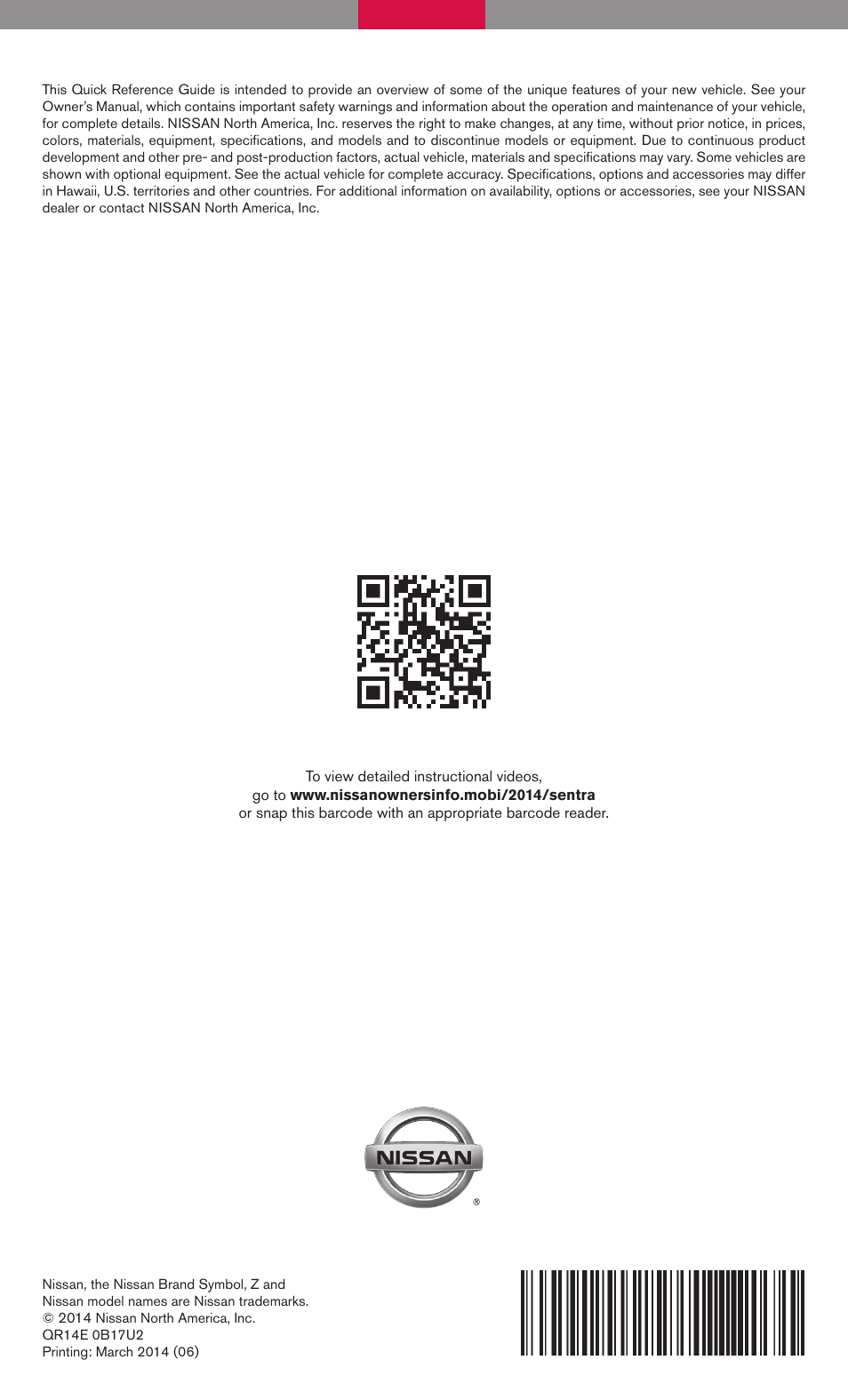 NISSAN 2014 Sentra - Quick Reference Guide User Manual | Page 24 / 24