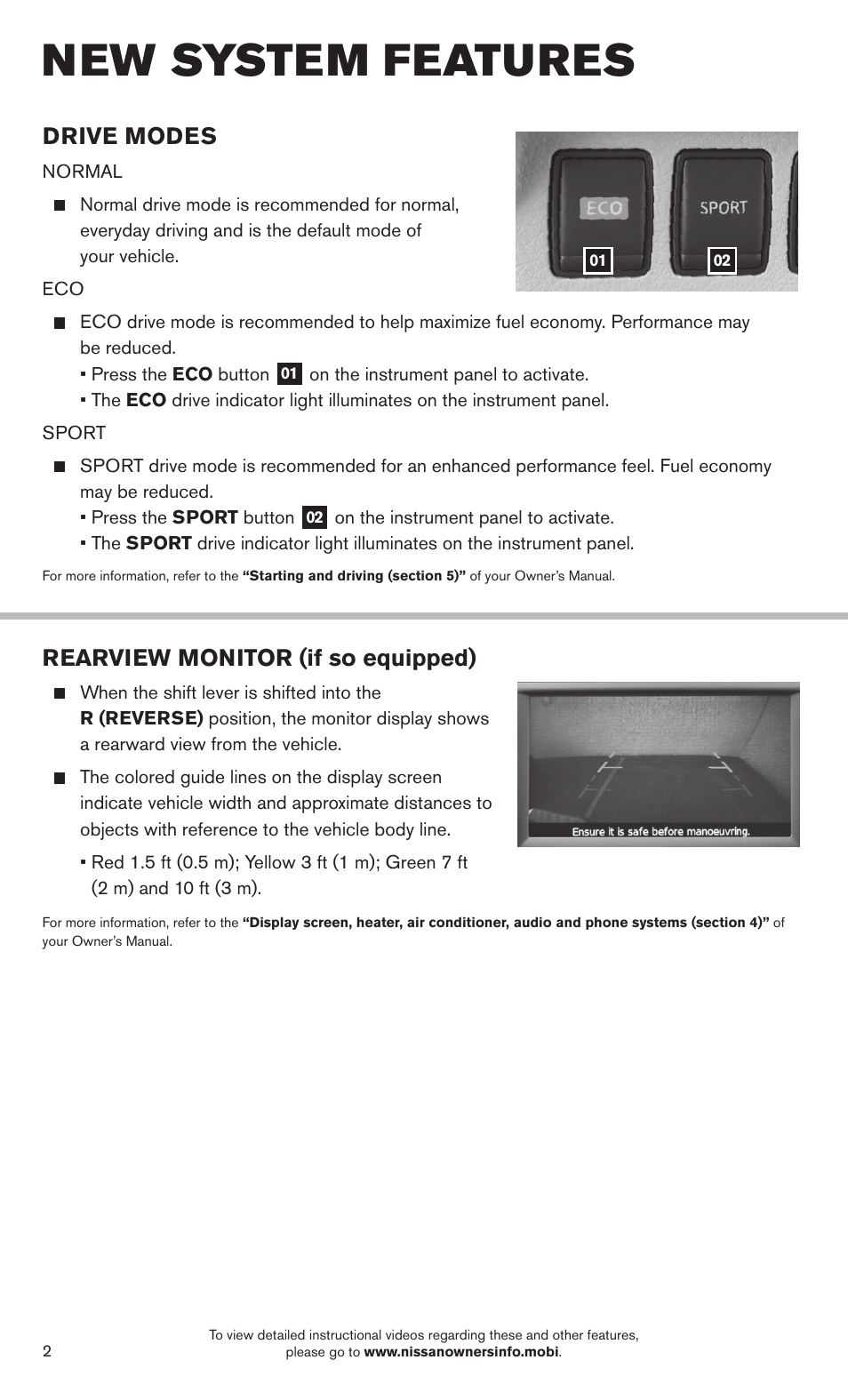 New system features, Drive modes, Rearview monitor (if so equipped) | NISSAN 2014 Sentra - Quick Reference Guide User Manual | Page 4 / 24