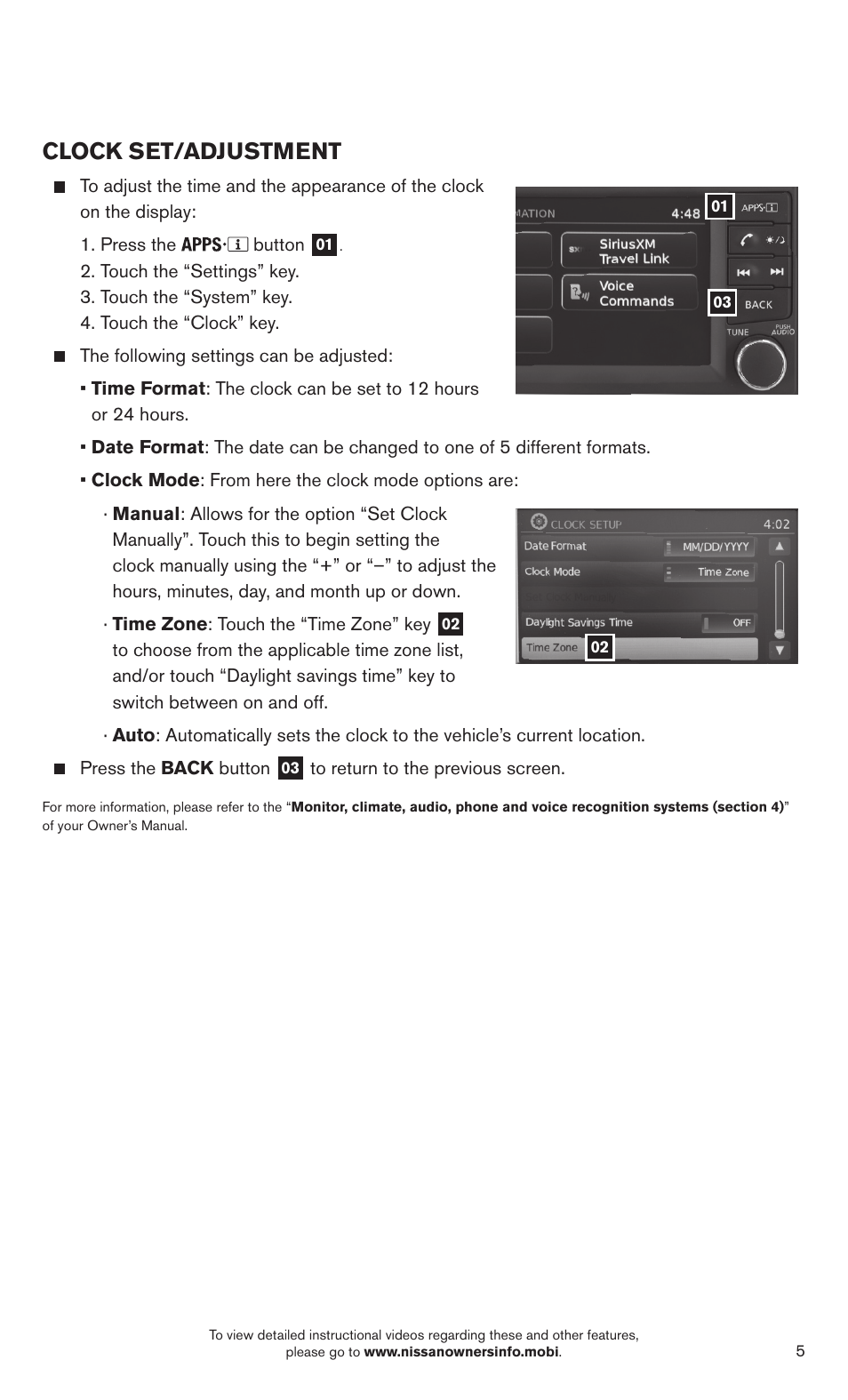 Clock set/adjustment | NISSAN 2014 Sentra - Quick Reference Guide User Manual | Page 7 / 24