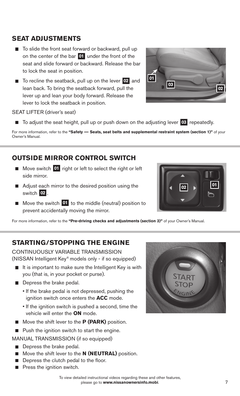 Starting/stopping the engine, Outside mirror control switch, Seat adjustments | NISSAN 2014 Sentra - Quick Reference Guide User Manual | Page 9 / 24