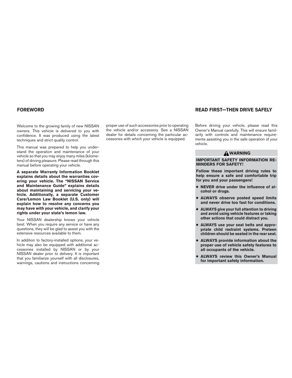 NISSAN 2015 Sentra - Owner's Manual User Manual | Page 2 / 400