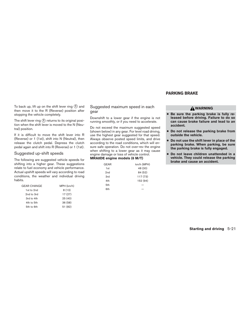 Parking brake -21, Suggested up-shift speeds, Suggested maximum speed in each gear | Parking brake | NISSAN 2015 Sentra - Owner's Manual User Manual | Page 286 / 400