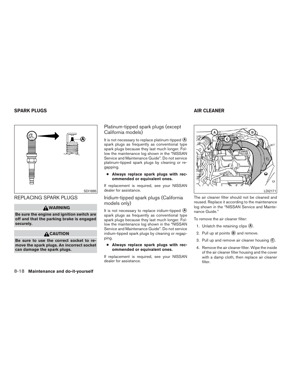 Spark plugs -18, Replacing spark plugs -18, Air cleaner -18 | NISSAN 2015 Sentra - Owner's Manual User Manual | Page 343 / 400