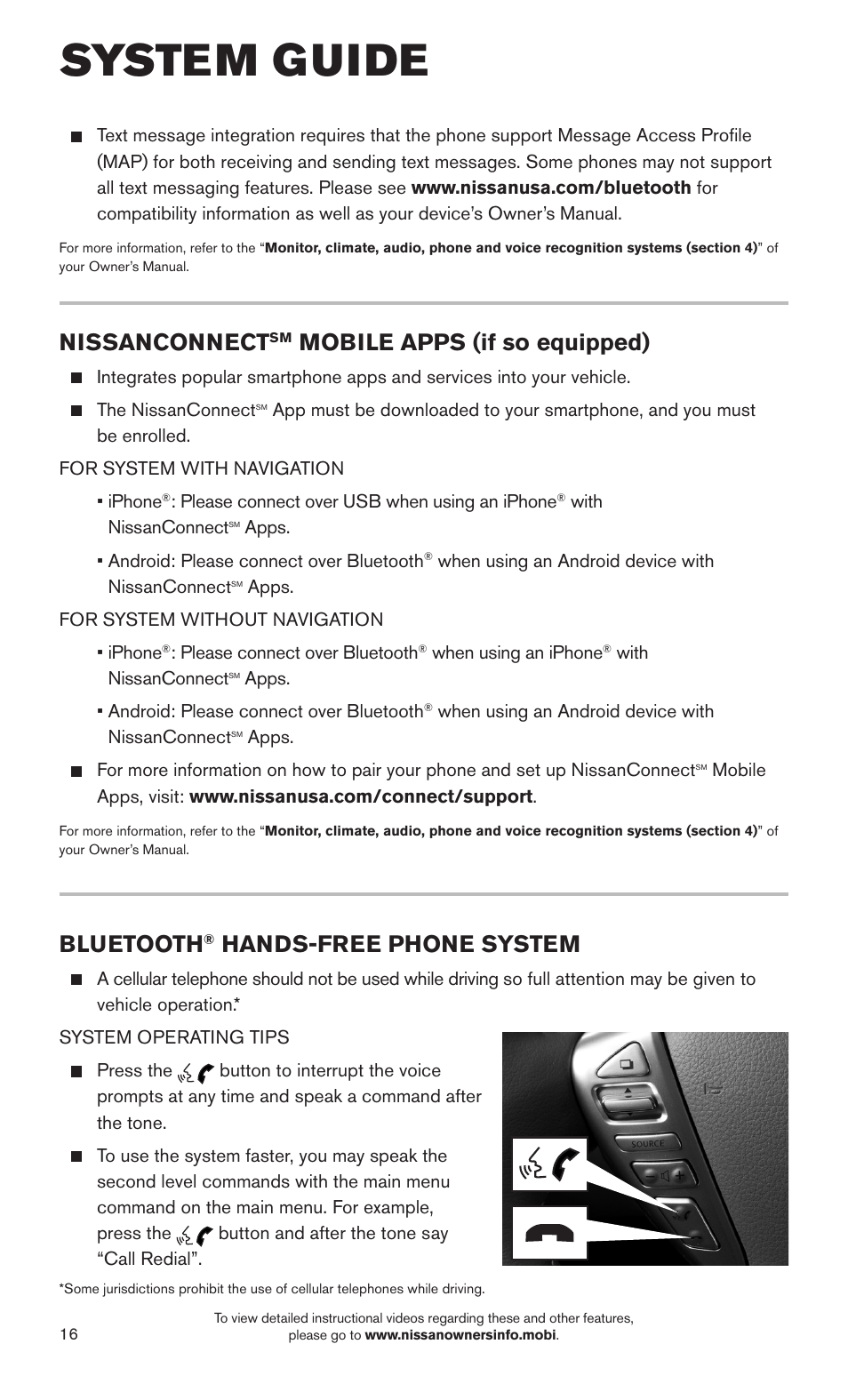 System guide, Bluetooth, Hands-free phone system | Nissanconnect, Mobile apps (if so equipped) | NISSAN 2015 Sentra - Quick Reference Guide User Manual | Page 18 / 24