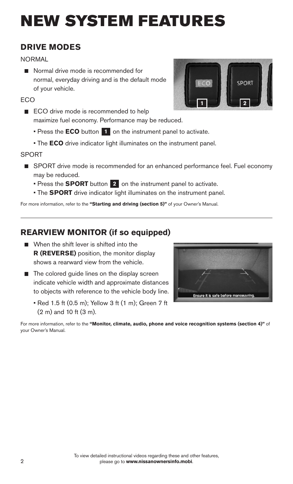 New system features, Drive modes, Rearview monitor (if so equipped) | NISSAN 2015 Sentra - Quick Reference Guide User Manual | Page 4 / 24