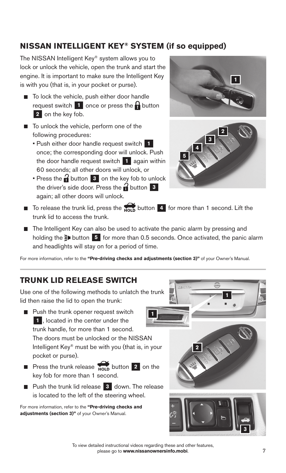Trunk lid release switch, Nissan intelligent key, System (if so equipped) | NISSAN 2015 Sentra - Quick Reference Guide User Manual | Page 9 / 24