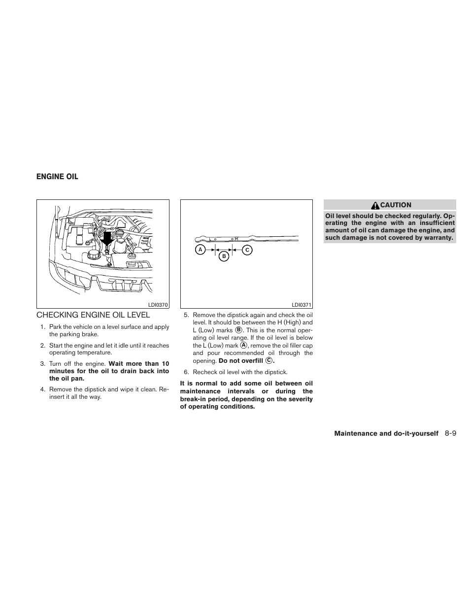 Engine oil -9, Checking engine oil level -9 | NISSAN 2011 Titan - Owner's Manual User Manual | Page 316 / 402