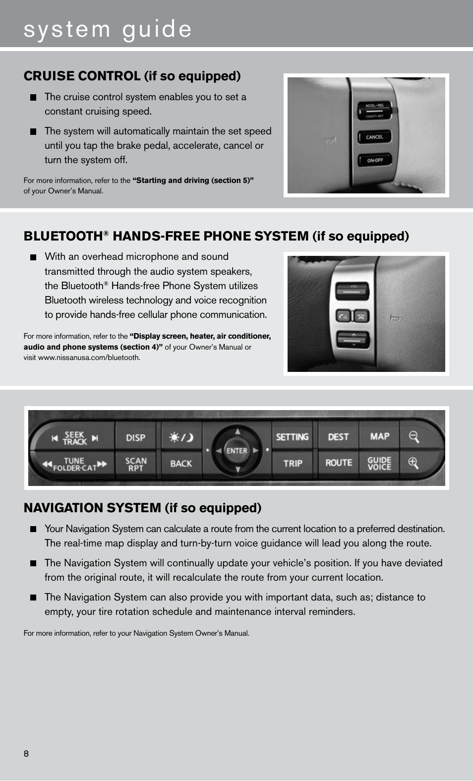 System guide, Bluetooth, Hands-free phone system (if so equipped) | Navigation system (if so equipped), Cruise control (if so equipped) | NISSAN 2011 Titan - Quick Reference Guide User Manual | Page 10 / 12
