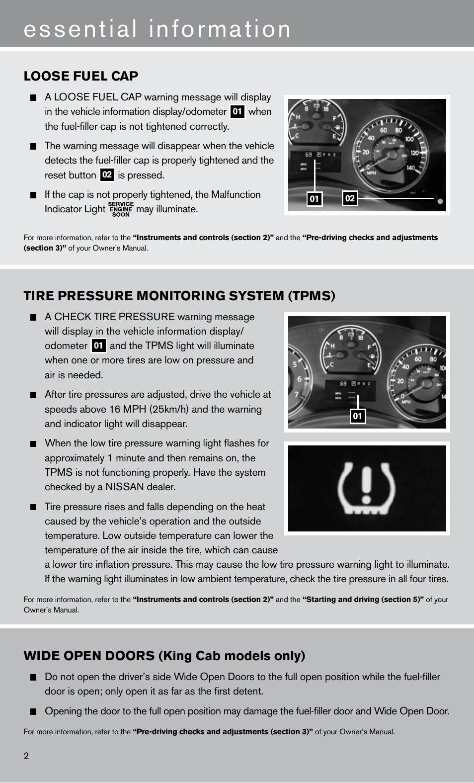 Essential information, Loose fuel cap, Tire pressure monitoring system (tpms) | Wide open doors (king cab models only) | NISSAN 2011 Titan - Quick Reference Guide User Manual | Page 4 / 12