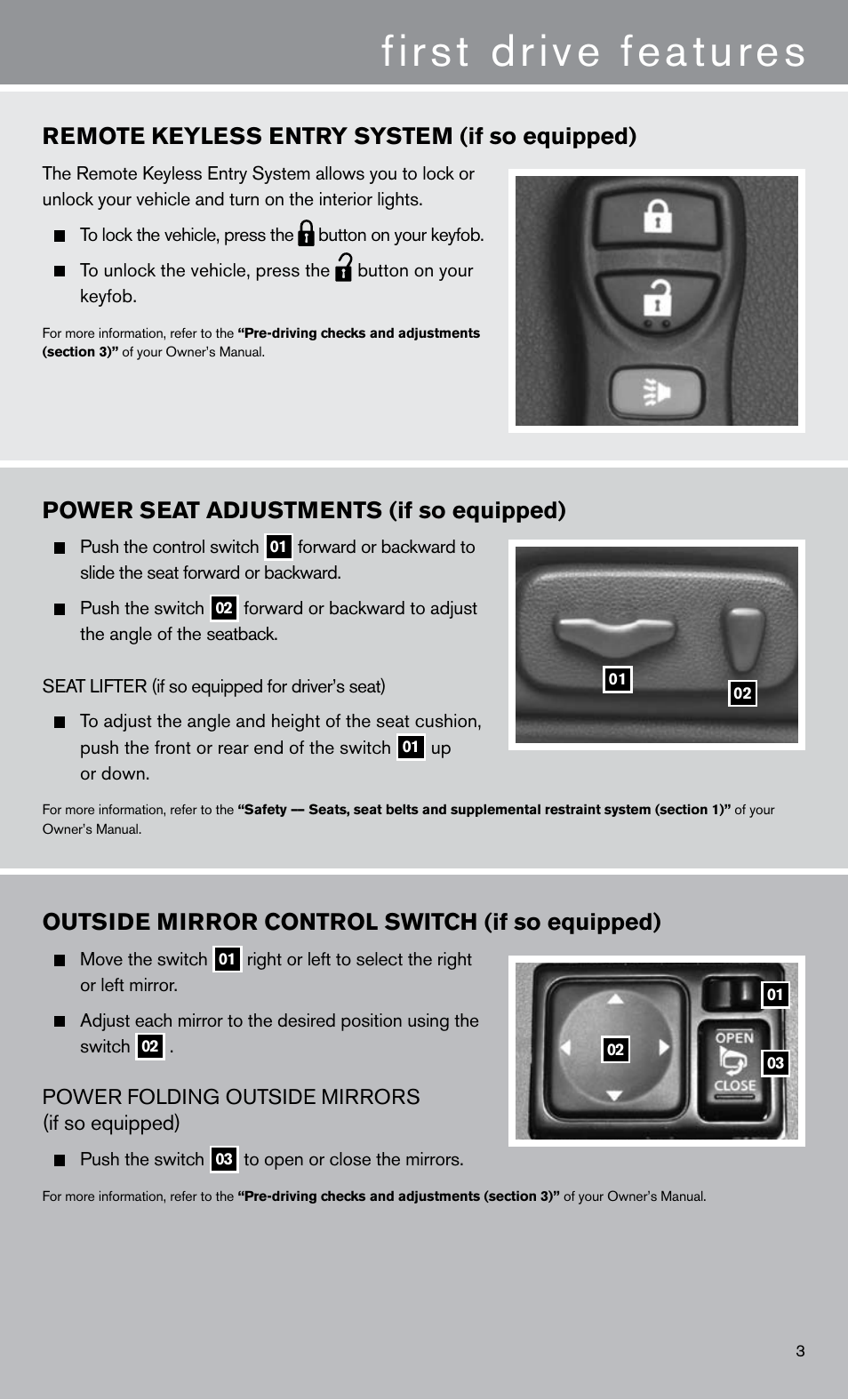 First drive features, Power seat adjustments (if so equipped), Outside mirror control switch (if so equipped) | Remote keyless entry system (if so equipped) | NISSAN 2011 Titan - Quick Reference Guide User Manual | Page 5 / 12