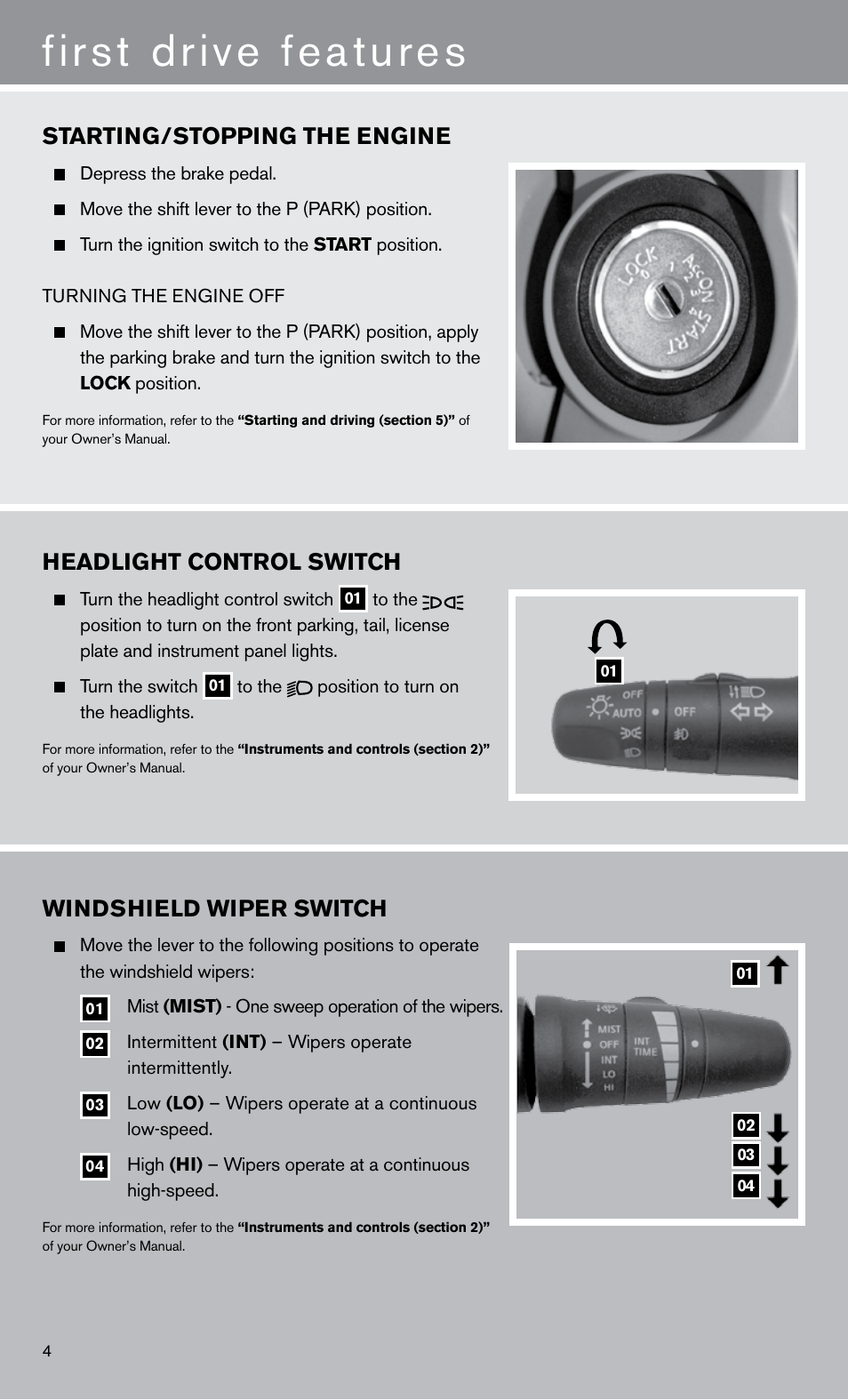 First drive features, Starting/stopping the engine, Headlight control switch | Windshield wiper switch | NISSAN 2011 Titan - Quick Reference Guide User Manual | Page 6 / 12