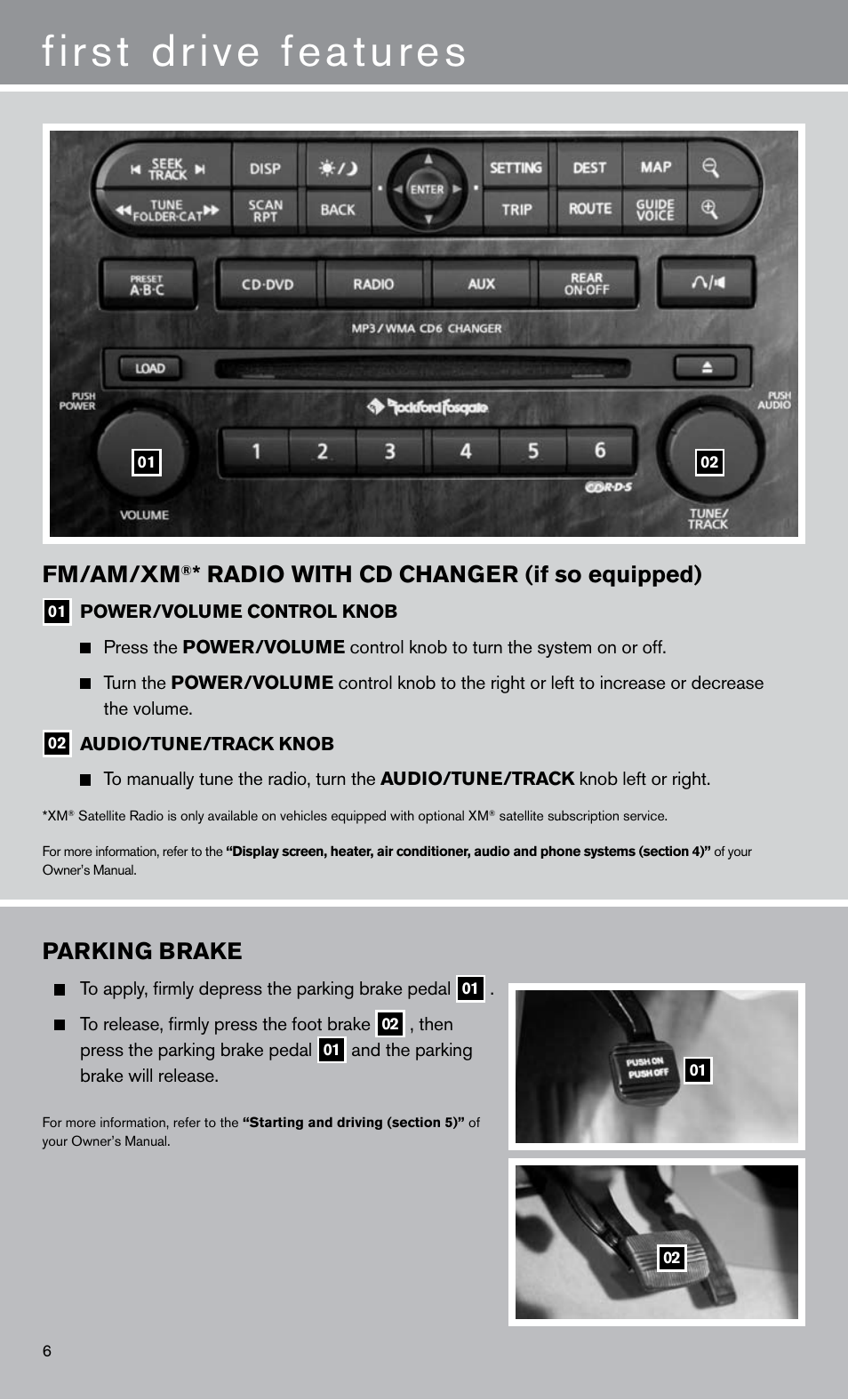 First drive features, Fm/am/xm, Radio with cd changer (if so equipped) | Parking brake | NISSAN 2011 Titan - Quick Reference Guide User Manual | Page 8 / 12