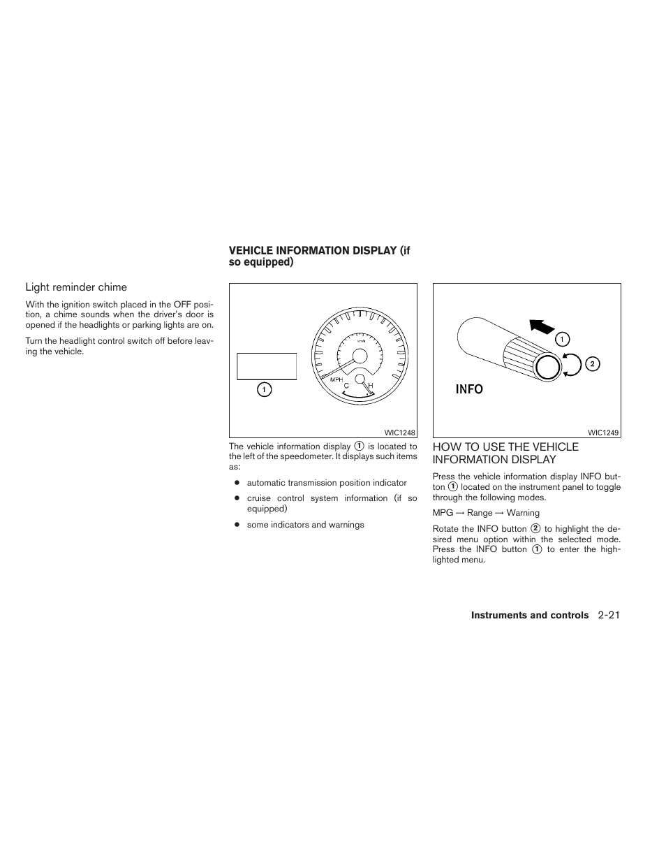 Vehicle information display (if so equipped) -21, How to use the vehicle information display -21 | NISSAN 2012 Titan - Owner's Manual User Manual | Page 102 / 406