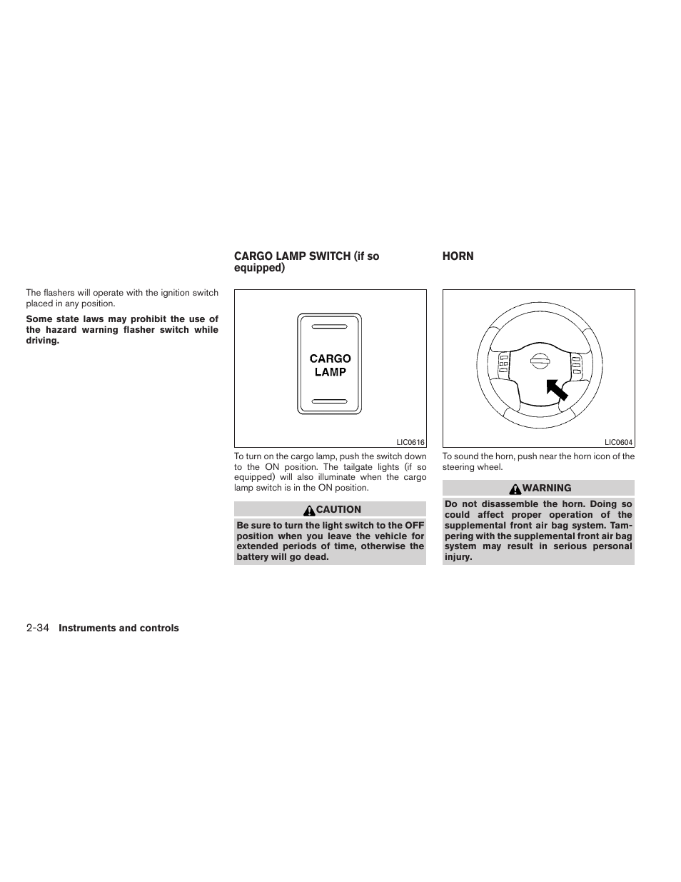 Cargo lamp switch (if so equipped) -34 horn -34 | NISSAN 2012 Titan - Owner's Manual User Manual | Page 115 / 406
