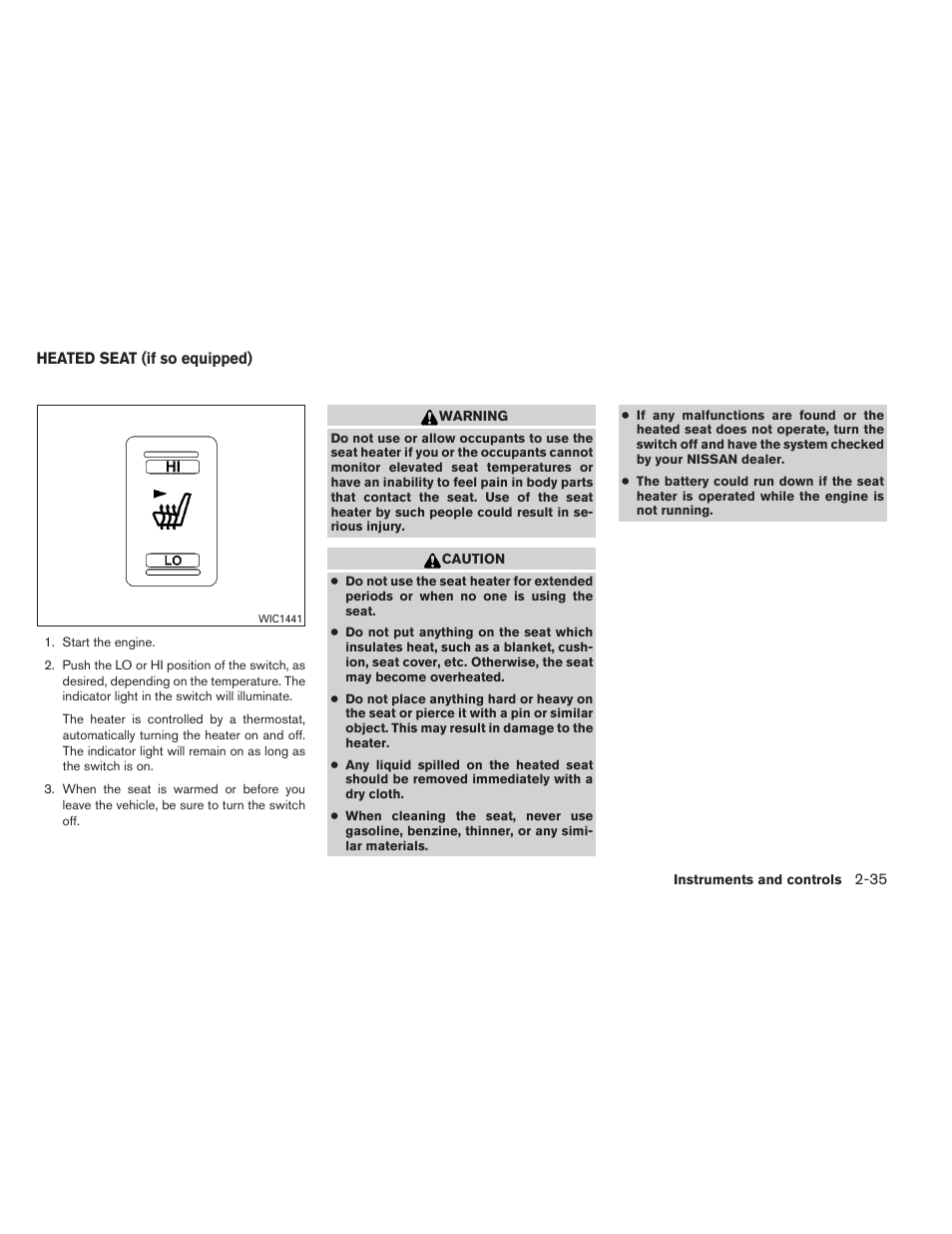 Heated seat (if so equipped) -35 | NISSAN 2012 Titan - Owner's Manual User Manual | Page 116 / 406