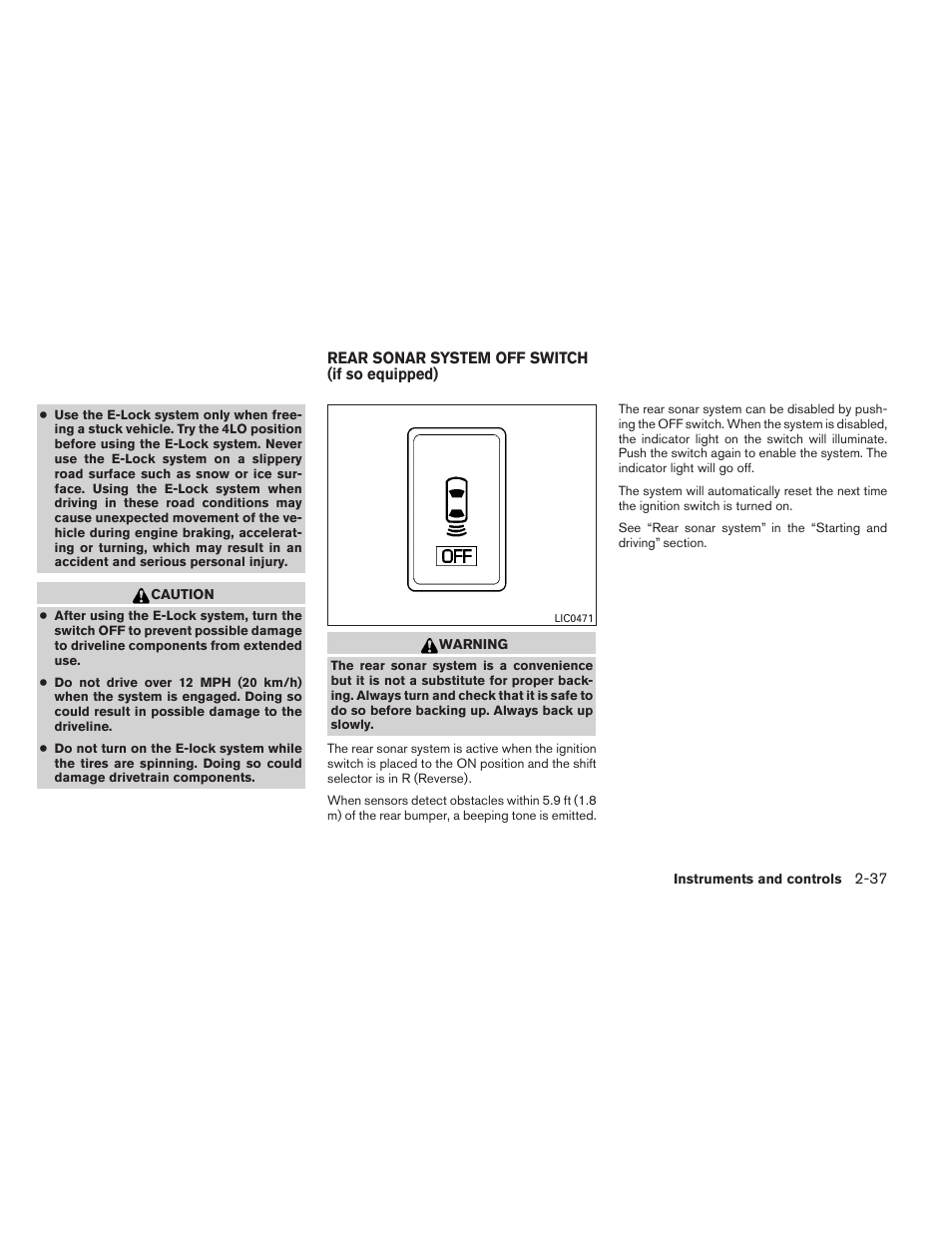 Rear sonar system off switch (if so equipped) -37 | NISSAN 2012 Titan - Owner's Manual User Manual | Page 118 / 406