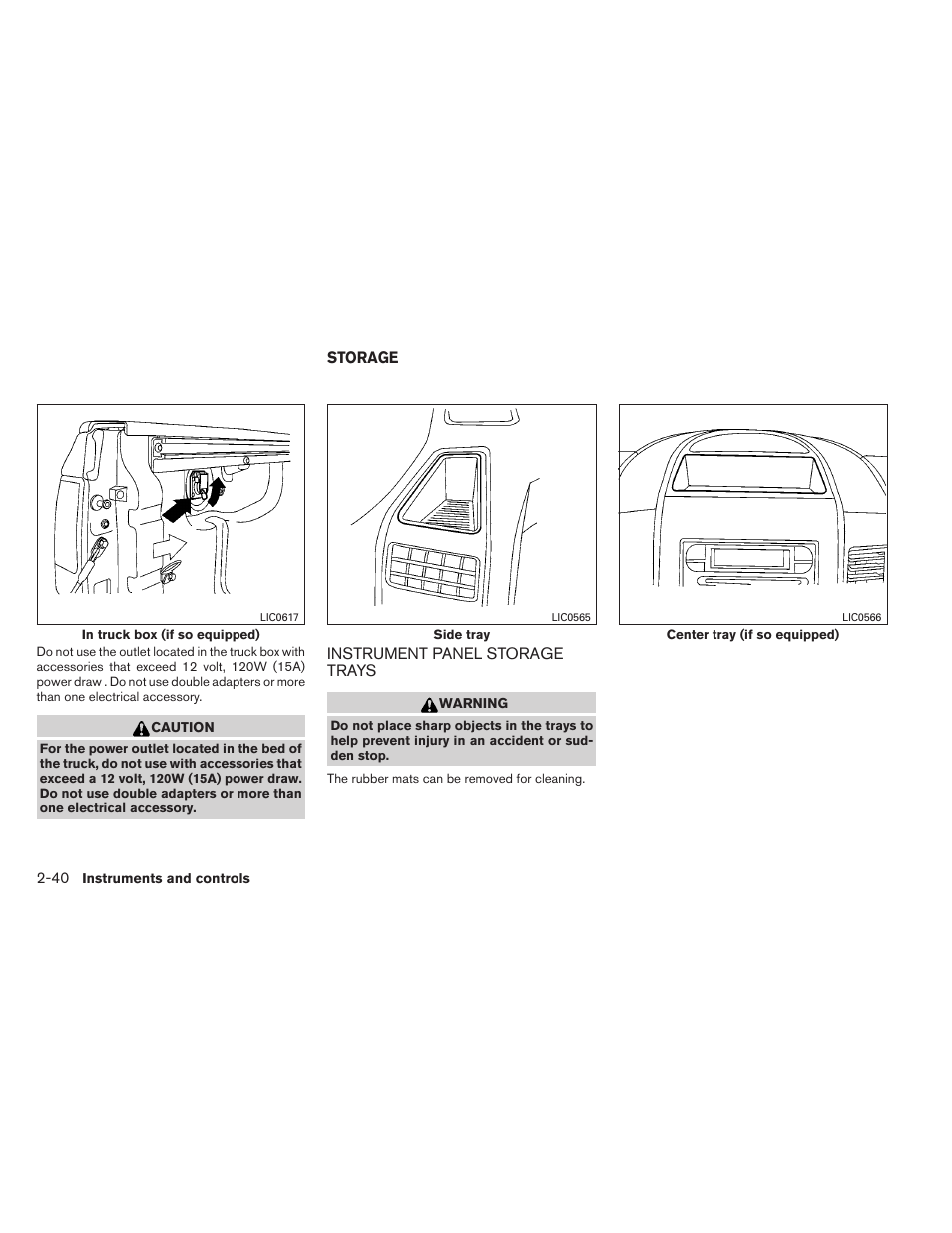 Storage -40, Instrument panel storage trays -40 | NISSAN 2012 Titan - Owner's Manual User Manual | Page 121 / 406