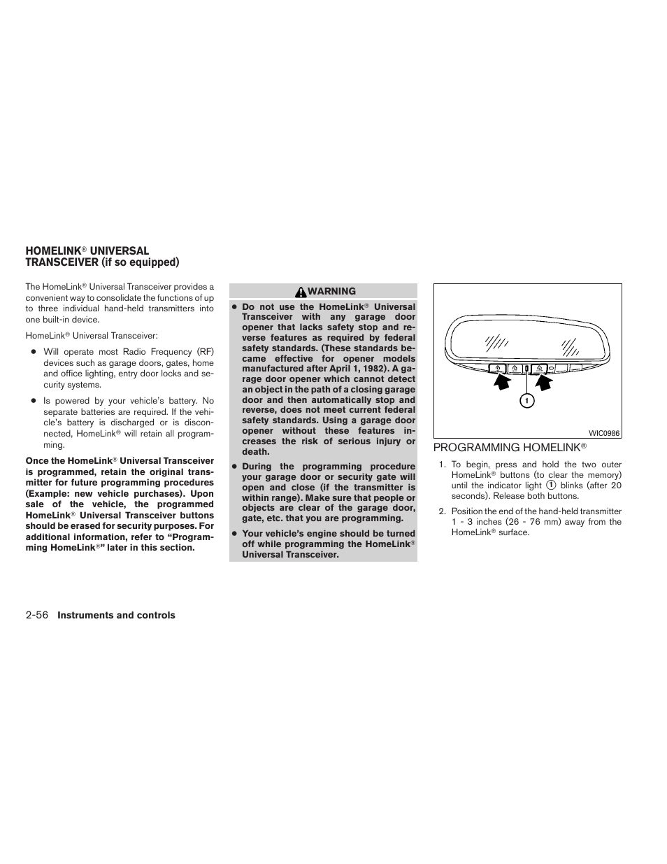 Homelink, Universal transceiver (if so equipped) -56, Programming homelink | NISSAN 2012 Titan - Owner's Manual User Manual | Page 137 / 406