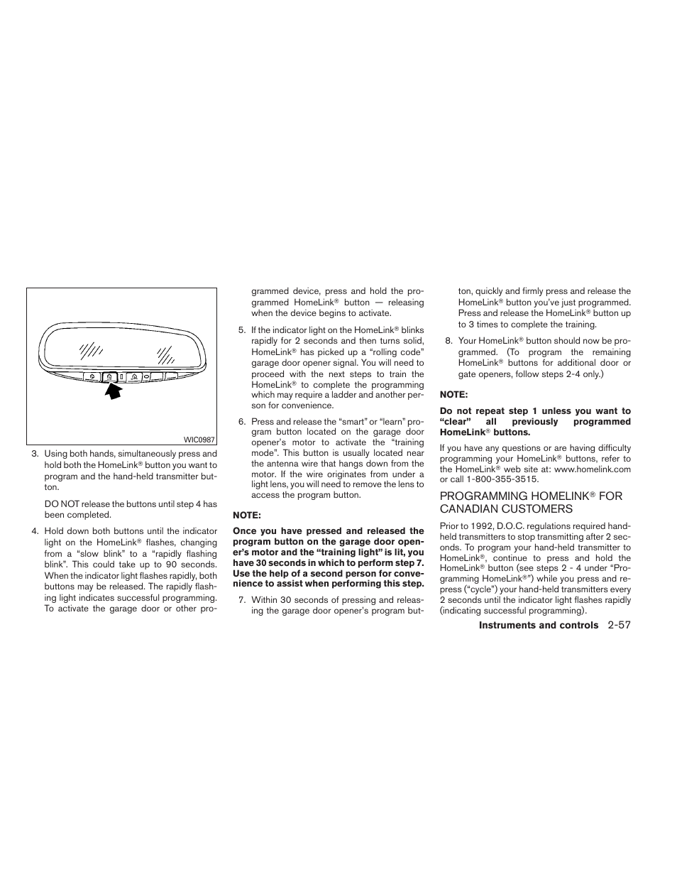 Programming homelink, For canadian, Customers -57 | NISSAN 2012 Titan - Owner's Manual User Manual | Page 138 / 406