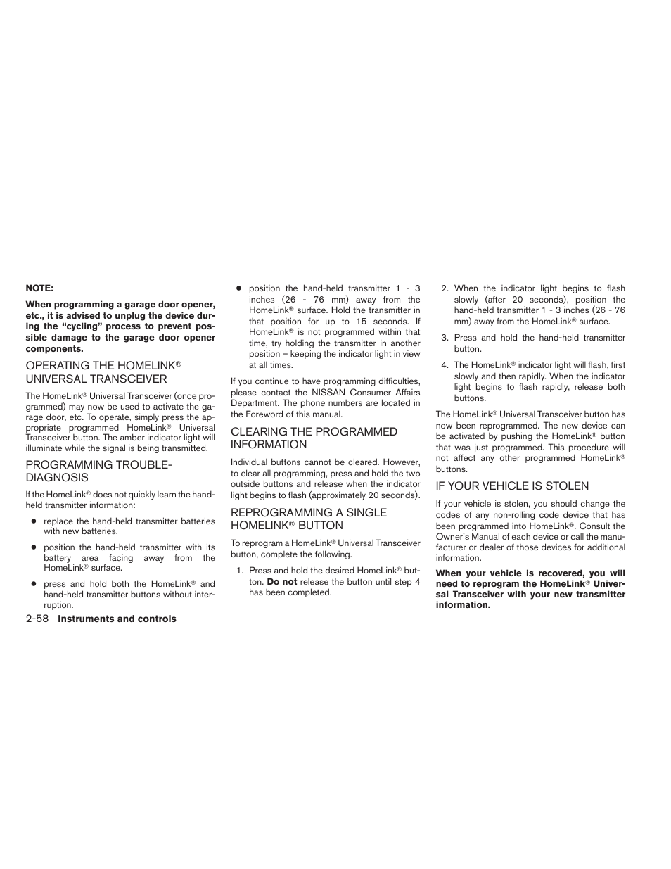 Operating the homelink, Universal, Button -58 | If your vehicle is stolen -58 | NISSAN 2012 Titan - Owner's Manual User Manual | Page 139 / 406