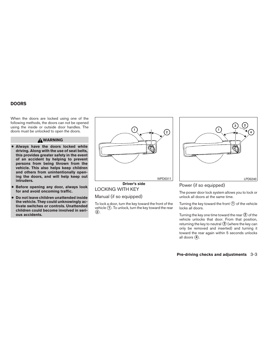 Doors -3, Locking with key -3 | NISSAN 2012 Titan - Owner's Manual User Manual | Page 144 / 406