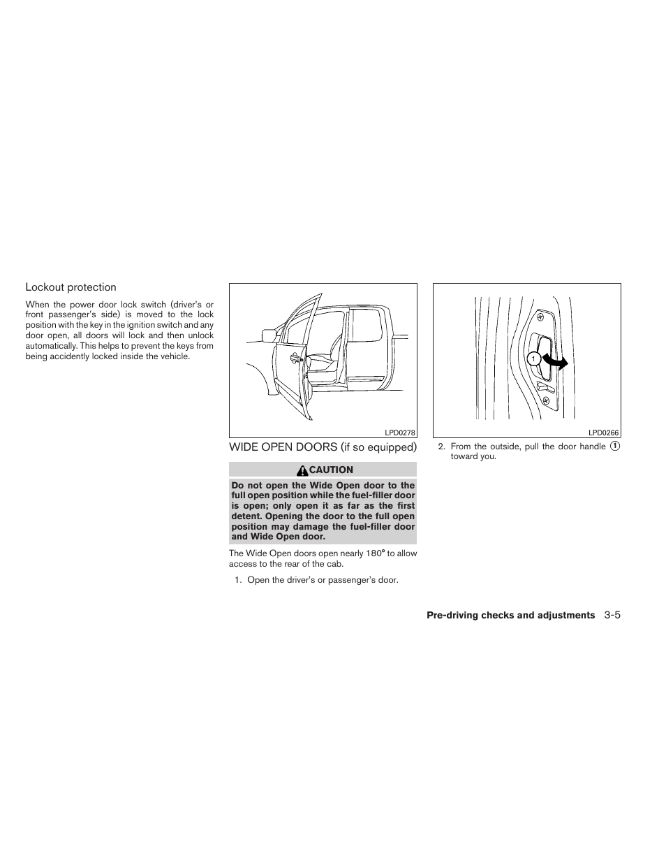 Wide open doors (if so equipped) -5 | NISSAN 2012 Titan - Owner's Manual User Manual | Page 146 / 406