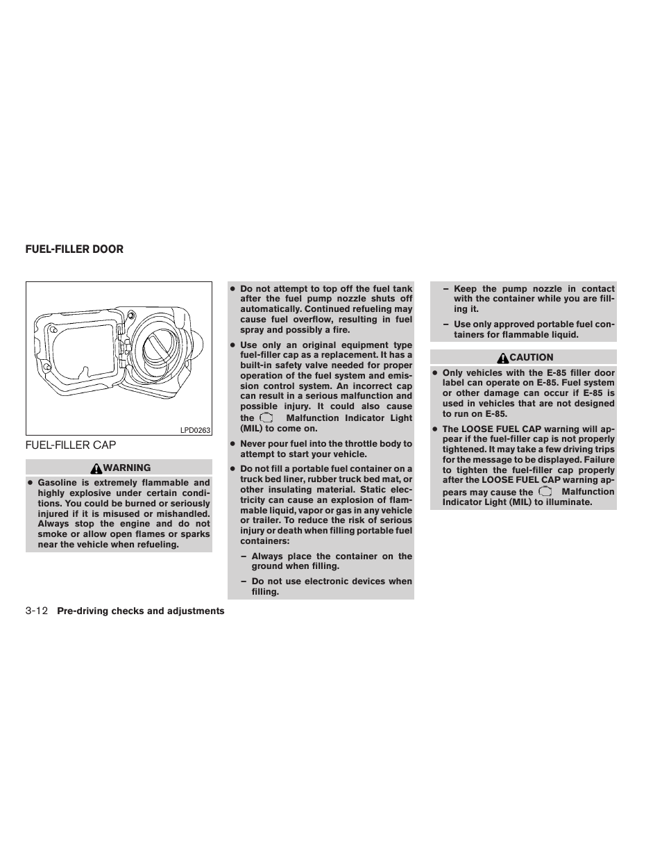 Fuel-filler door -12, Fuel-filler cap -12 | NISSAN 2012 Titan - Owner's Manual User Manual | Page 153 / 406