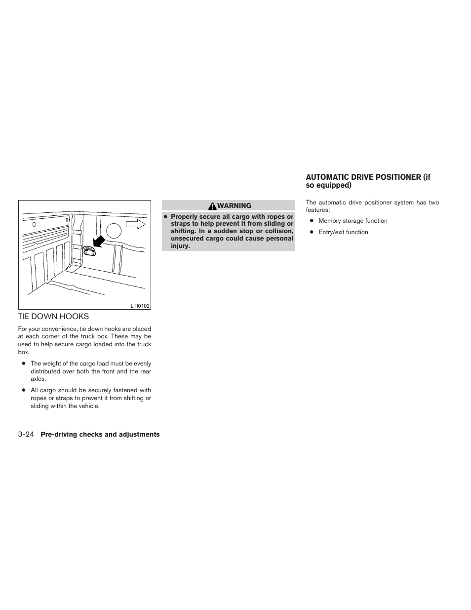 Tie down hooks -24, Automatic drive positioner (if so equipped) -24 | NISSAN 2012 Titan - Owner's Manual User Manual | Page 165 / 406