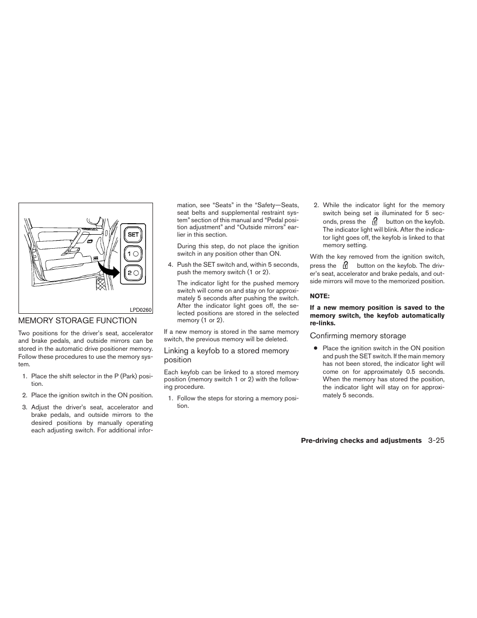 Memory storage function -25 | NISSAN 2012 Titan - Owner's Manual User Manual | Page 166 / 406