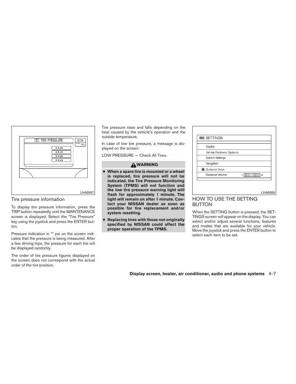 How to use the setting button -7 | NISSAN 2012 Titan - Owner's Manual User Manual | Page 176 / 406