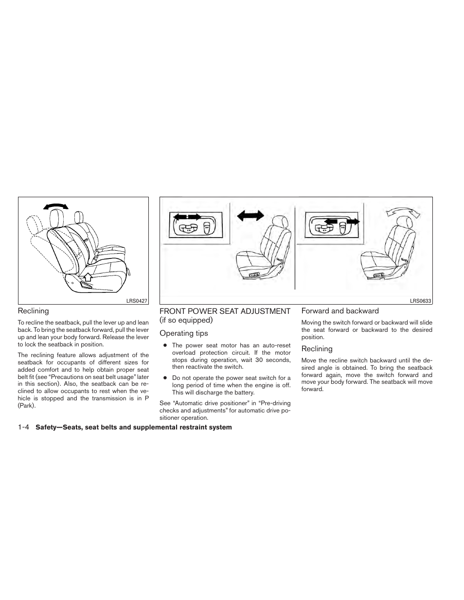 Front power seat adjustment (if so equipped) -4 | NISSAN 2012 Titan - Owner's Manual User Manual | Page 21 / 406