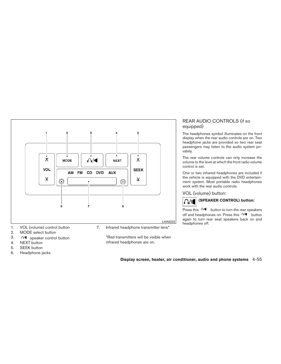 Rear audio controls (if so equipped) -55 | NISSAN 2012 Titan - Owner's Manual User Manual | Page 224 / 406