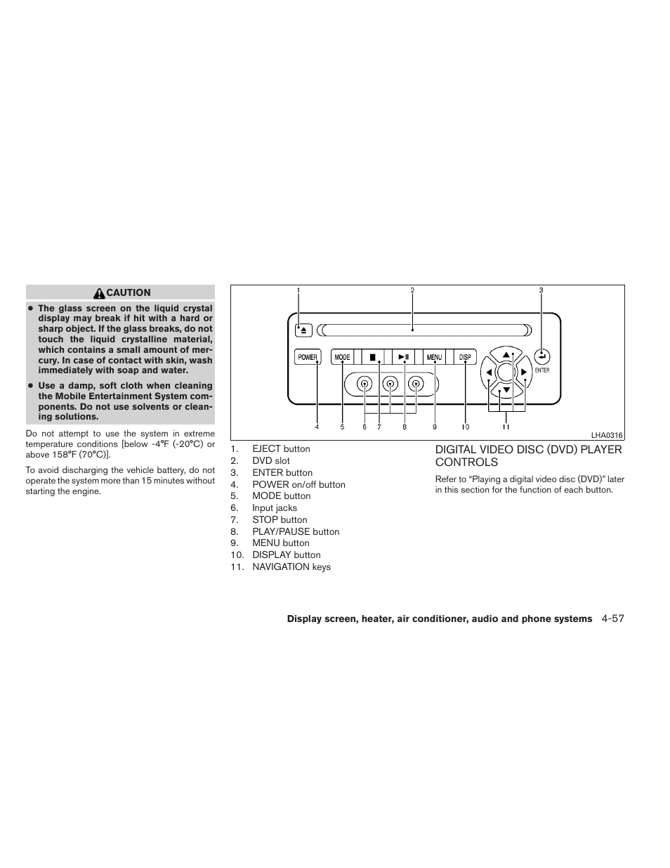 Digital video disc (dvd) player controls -57 | NISSAN 2012 Titan - Owner's Manual User Manual | Page 226 / 406