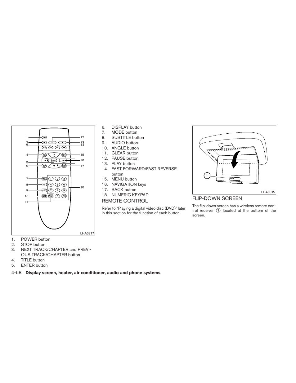 Remote control -58 flip-down screen -58 | NISSAN 2012 Titan - Owner's Manual User Manual | Page 227 / 406