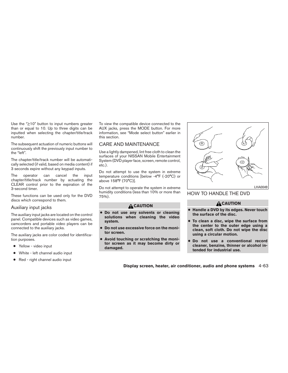 Care and maintenance -63 how to handle the dvd -63 | NISSAN 2012 Titan - Owner's Manual User Manual | Page 232 / 406