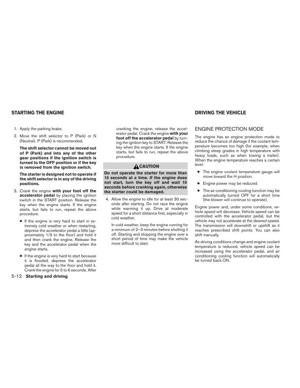 Starting the engine -12 driving the vehicle -12, Engine protection mode -12 | NISSAN 2012 Titan - Owner's Manual User Manual | Page 263 / 406