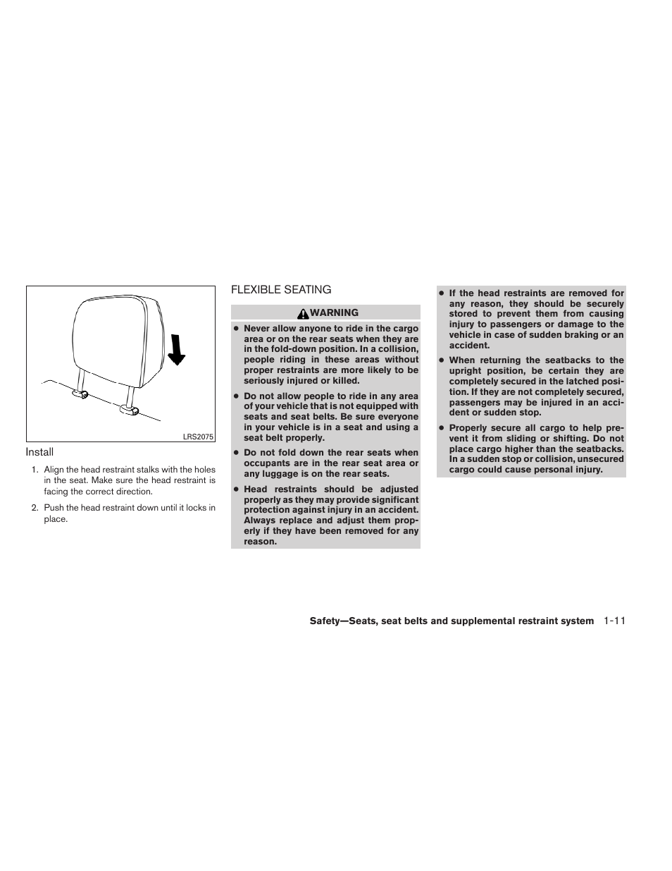 Flexible seating -11 | NISSAN 2012 Titan - Owner's Manual User Manual | Page 28 / 406