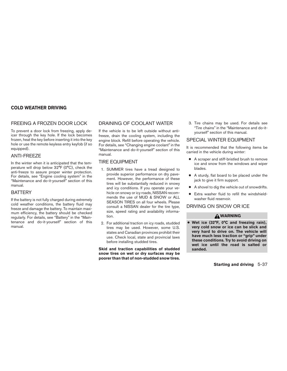 Cold weather driving -37 | NISSAN 2012 Titan - Owner's Manual User Manual | Page 288 / 406