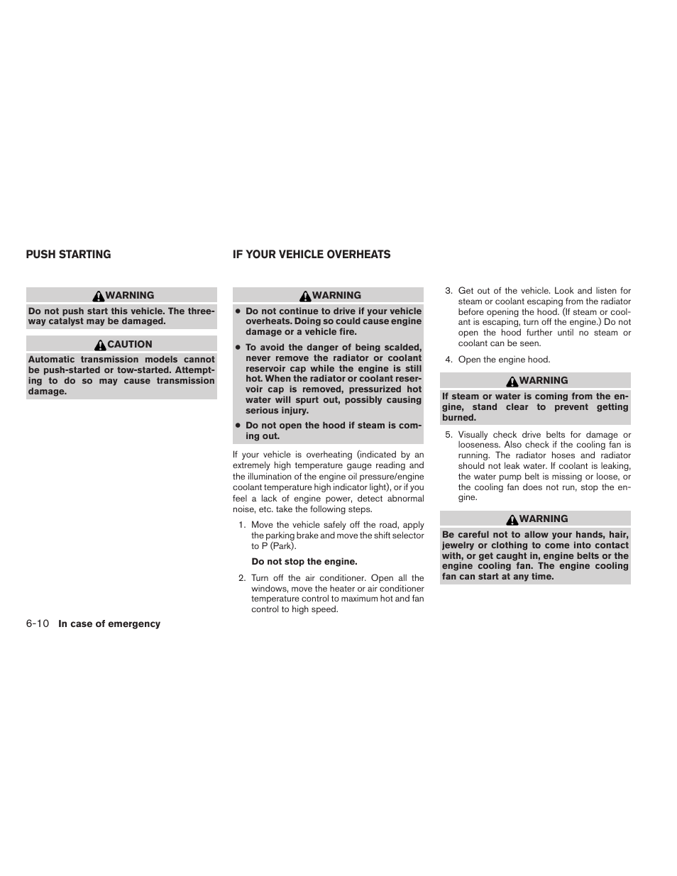 Push starting -10, If your vehicle overheats -10 | NISSAN 2012 Titan - Owner's Manual User Manual | Page 299 / 406